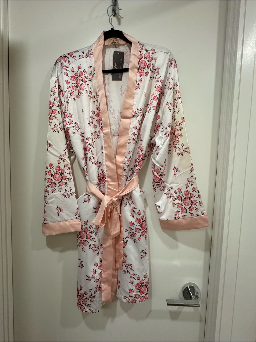 2/$75 Morgan Lane White Satin Floral Robe with Pink Trim